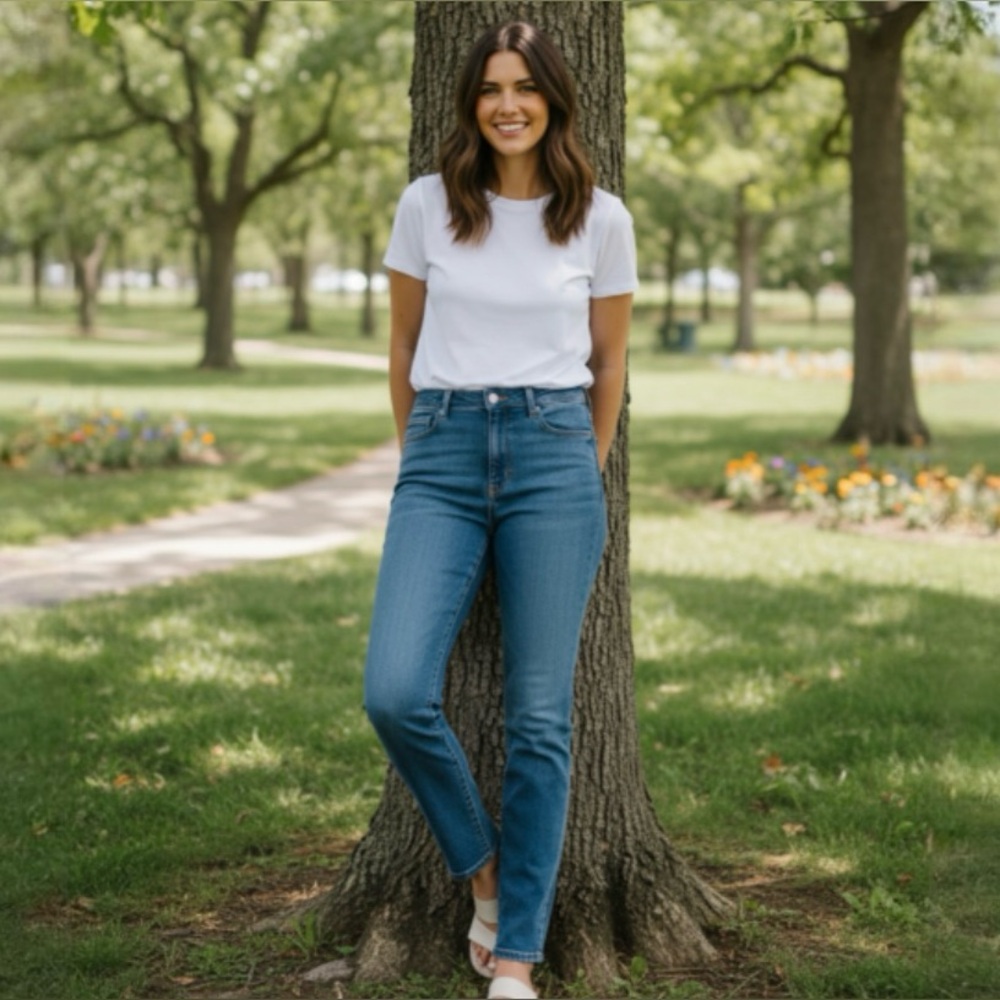 Classic Blue Everlane High Waisted Straight Ankle Jeans